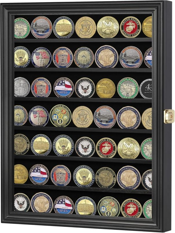Photo 1 of Challenge Coin / Casino Chip Display Case Cabinet Holder Shadow Box, Glass Door, Black (COIN56-BL)