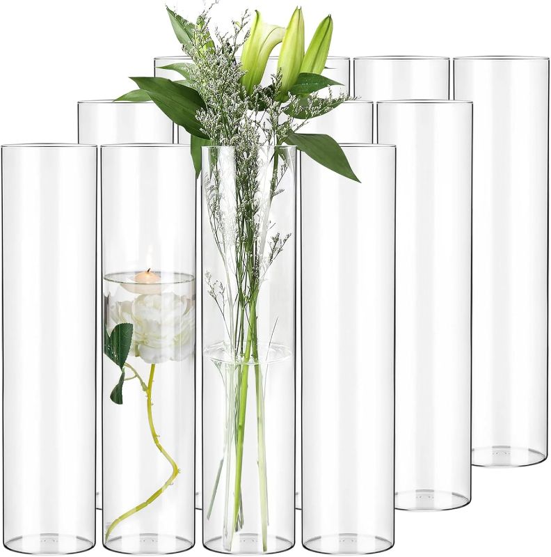 Photo 1 of 12 Pack Glass Cylinder Vases for Centerpieces,Wedding Flower Vase Centerpieces for Tables,10 Inch Glass Cylinder Vase for Flowers Decor, Table Shelf, Floating Candle and Home Decor