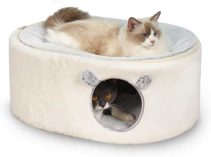 Photo 1 of Cat Bed for Indoor Cats, Fluffy Cat Cave Large Enclosed Cat House Pet Bed Hammock with Removable Washable Cover for Sleeping Cat, Kittens, Small Dog, Oval Cat Hideaway