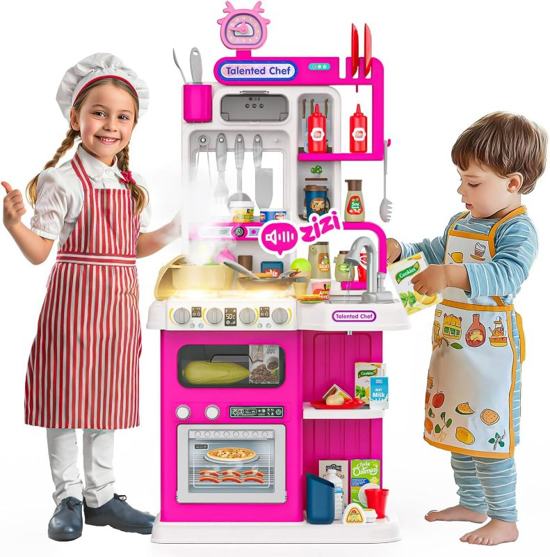 Photo 1 of 96PCS Kids Kitchen Playset, Play Kitchen with Sound & Light, Cooking Stove with Steam, Play Food Toy Kitchen Accessories, Play Sink, Oven, Pretend Play Kitchen Toys Set for Boys and Girls (Pink)