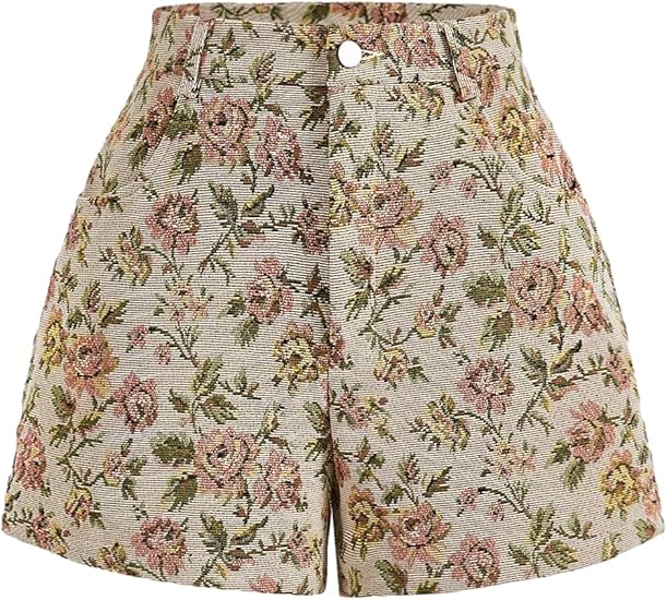 Photo 1 of SIZE (XS) SOLY HUX Women's Boho Floral Print High Waisted Shorts Zipper Fly Straight Leg Vintage Shorts with Pocket