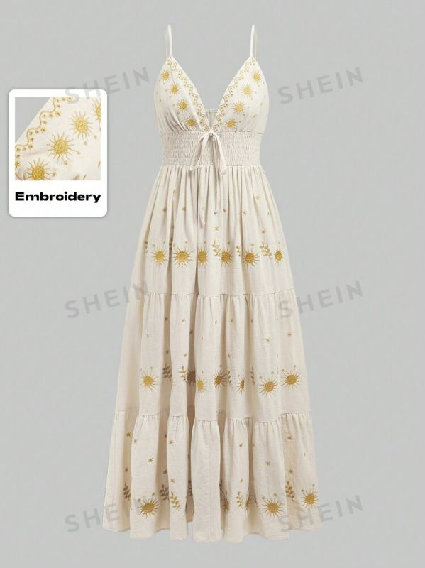 Photo 1 of SIZE (XS) COLOR (black and gold ) ROMWE Fairycore Women's Casual Holiday Star Embroidery Spaghetti Strap A-Line Dress