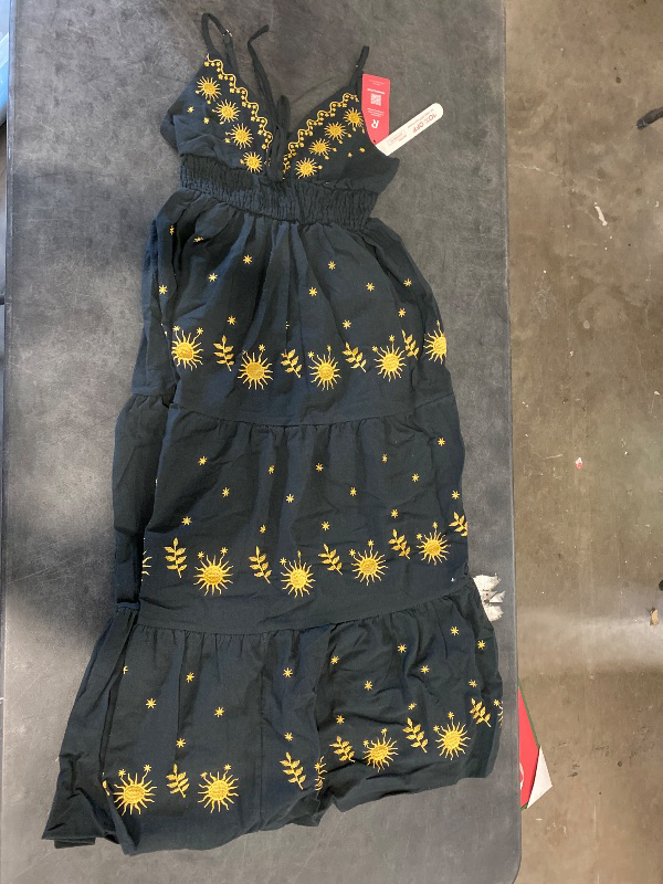 Photo 2 of SIZE (XS) COLOR (black and gold ) ROMWE Fairycore Women's Casual Holiday Star Embroidery Spaghetti Strap A-Line Dress