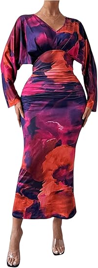 Photo 1 of SIZE (L) MakeMeChic Women's Tie Dye V Neck Ruched Dresses Dolman Sleeve Bodycon Slim Fitted Long Dress