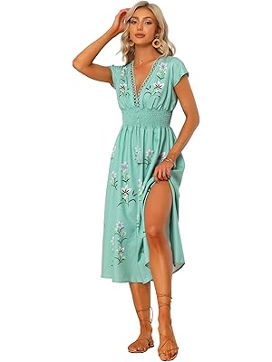 Photo 1 of SIZE (S) Allegra K Women's Deep V Neck Boho Floral Smocked Waist Midi Dress