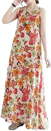 Photo 1 of SIZE (M) Beauty Beast Women Floral Print Crew Neck Sleeveless A-line Loose Maxi Tank Dress Red Multi M