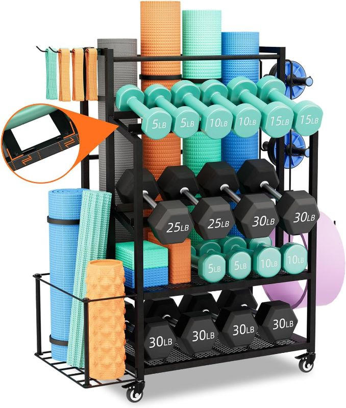 Photo 1 of Bonvork 600LBS Dumbbell Rack Weight Stand Heavy Duty Adjustable Weight Rack for Dumbbells, Home Gym Storage for Yoga Mat, Foam Roller, Kettlebells, Workout Equipment Storage Organizer with Wheels