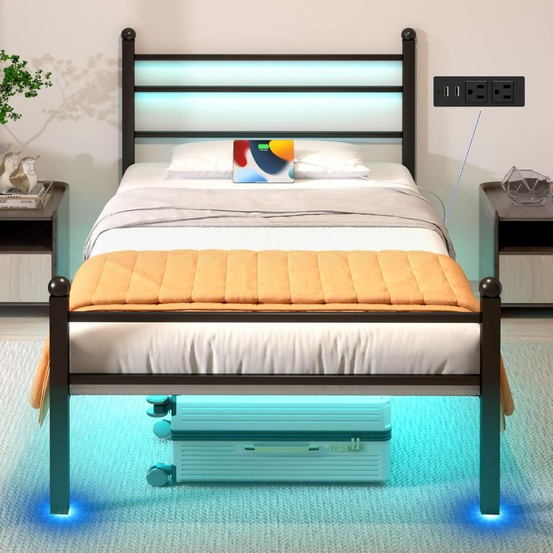 Photo 1 of Twin Bed Frames with Charging Station & LED Lights, Metal Bed Frame with Headboard, Heavy Duty Slats Support Platform, Easy Assembly, Noise Free, No Box Spring Needed, Black