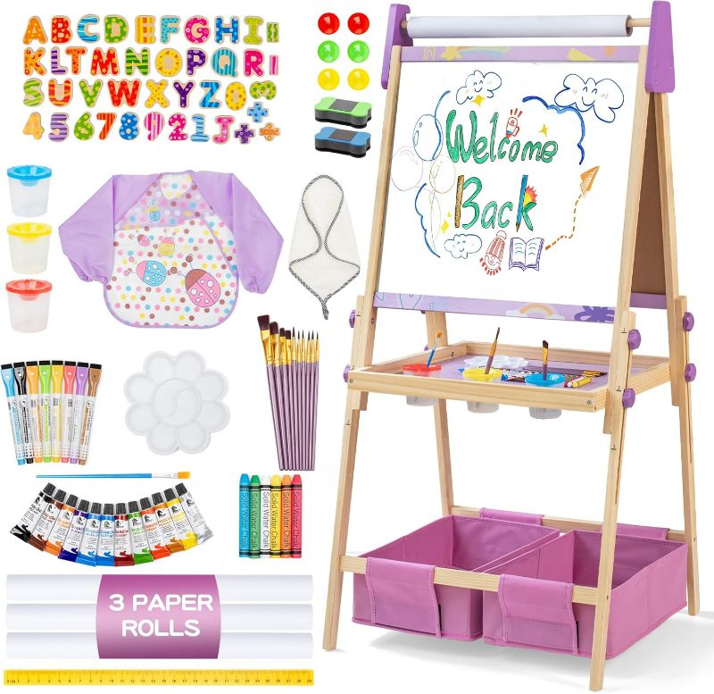 Photo 1 of 3-in-1 Adjustable Kids Art Easel Set, Height Adjustable Magnetic Whiteboard & Chalkboard with Painting Paper Roll, Wooden Dual-Sided Art Station for Toddlers & Children Ages 3+, Art Supplies Included