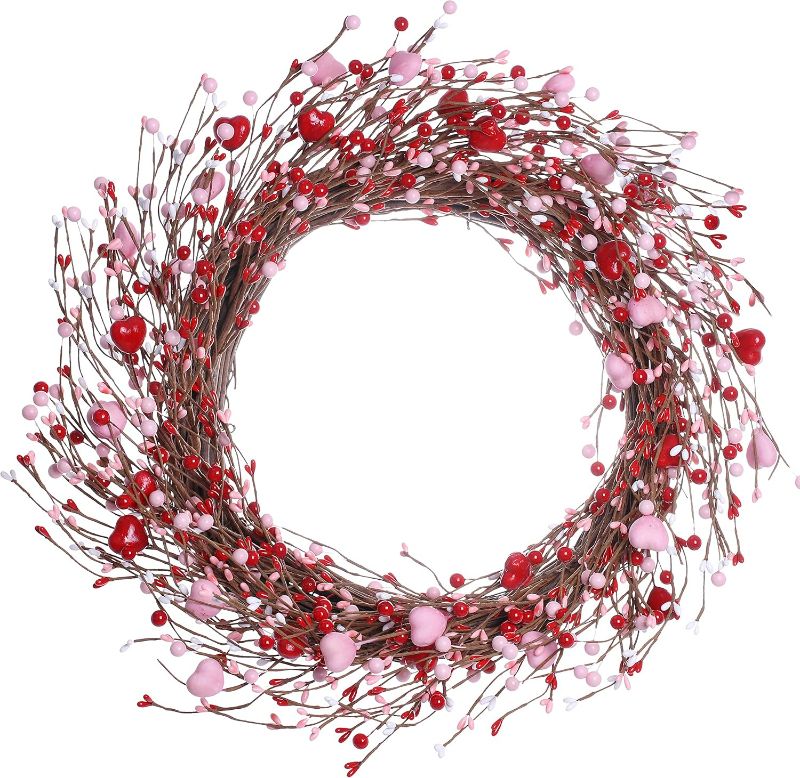 Photo 1 of J'FLORU Valentine’s Day Wreaths for Front Door 20 Inch Valentine’s Day Wreath Valentines Wreath with Cute Hearts and Berries Valentine’s Day Gifts Anniversary Wedding Decorations (Red/white