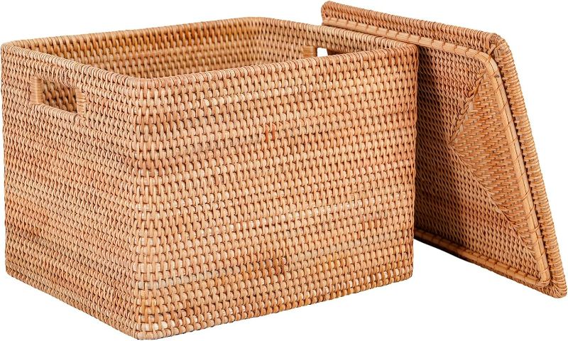 Photo 1 of Rattan Basket With Lid, Large Lidded Basket For Storage Rattan Box(15.7" L×13"W×11.8"H)