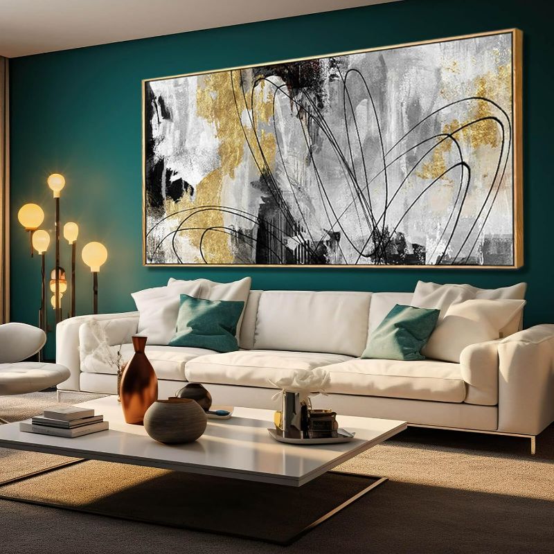 Photo 1 of Large Canvas Wall Art Gold Abstract Paintings 29x58 Inch Wooden Framed Artwork Black Line Painting for Bedroom Bathroom Home Decor