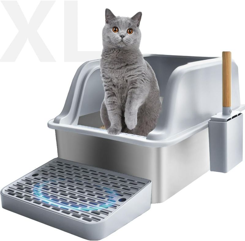 Photo 1 of Large Stainless Steel Cat Litter Box,Kitty Litter Box with Lid,XL Jumbo Enclosed High Sided Cat Litter Pan Boxes for Indoor Cats,Scoop with Holder,Non-Sticky Never Absorbs Odors
