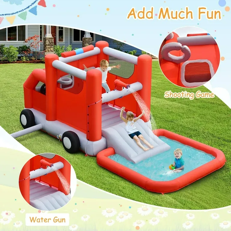 Photo 1 of Costway Fire Truck Themed Inflatable Castle Water Park Kids Bounce House Blower Excluded