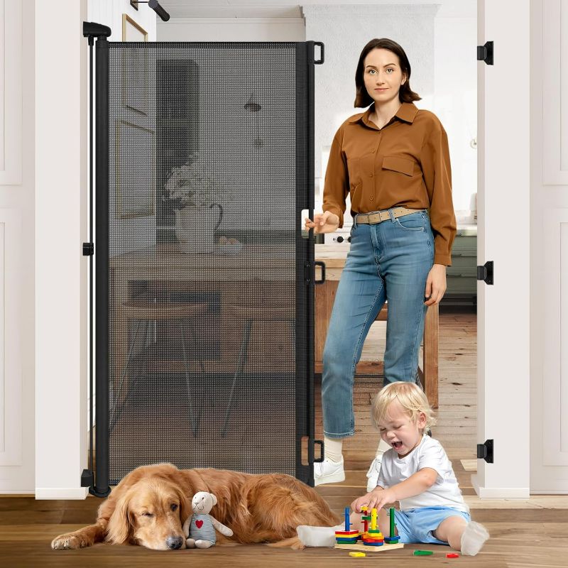 Photo 1 of 65” Extra Tall Dog Gates for Doorways 55” Wide Retractable Baby Gates for Dogs Mesh Baby Gate Retractable Dog Gate Outdoor Gates for Decks Extra Tall Pet Gate Indoor Cat Door for Exterior Door, Black