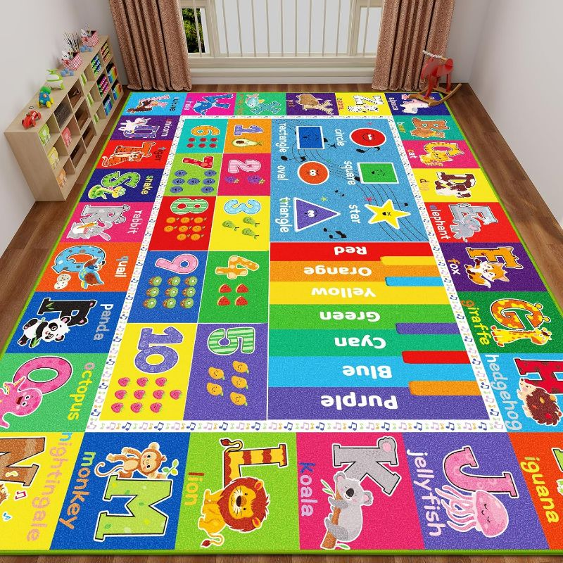 Photo 1 of ABC Carpet, Kids Rugs for Playroom, Educational Play Mat for Kids, Preschool Rugs with ABC, Numbers, Animals Learning Rugs for Bedroom Playroom Classroom Baby Toddler Children (Blue, 118X78.7 INCH)