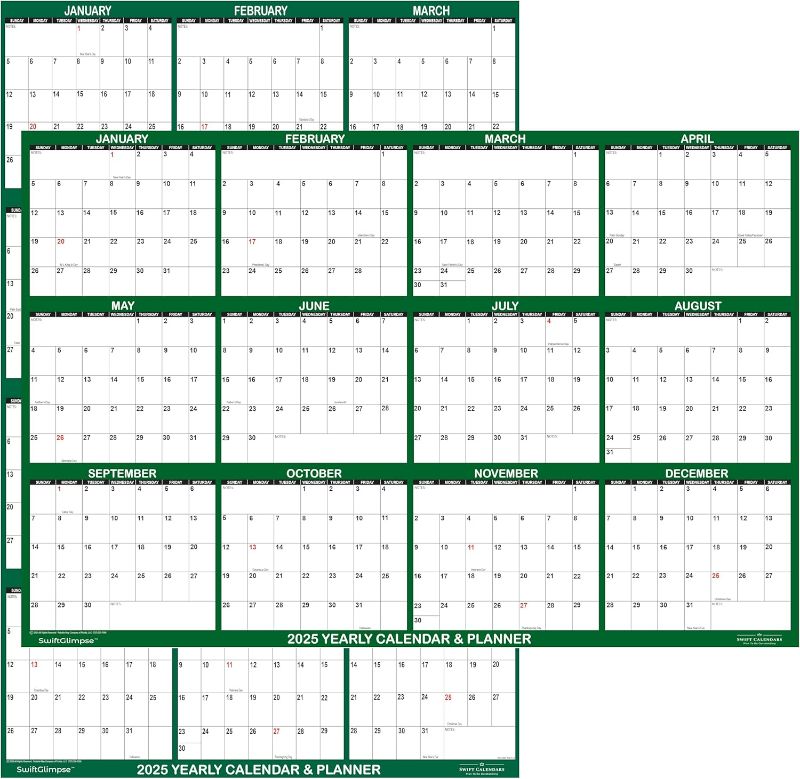 Photo 1 of 24" x 36" SwiftGlimpse 2025 Wall Calendar Erasable Large Wet & Dry Erase Laminated 12 Month Annual Yearly Wall Planner, Reversible, Horizontal/Vertical, Green