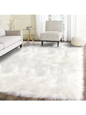Photo 1 of Latepis Faux Fur Sheepskin Rug for Living Room, 4x6 Fluffy Washable Rug for Bedroom, Playroom, Luxury Room Decor, White, Rectangle