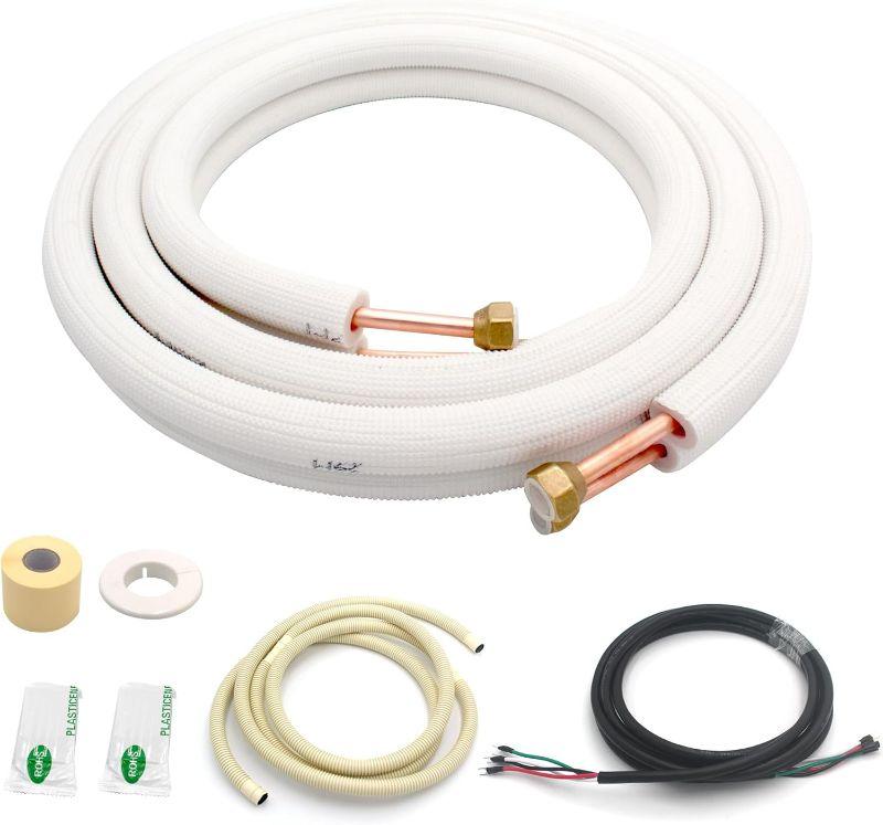 Photo 1 of TAUROX 10FT Mini Split Line Set 1/4" & 3/8" O.D Copper Pipes Tubing and 3/8" White Thickened PE Insulation Coil, for Mini Split Air Conditioning or Heating Pump Equipment and HVAC with Flared Nuts.