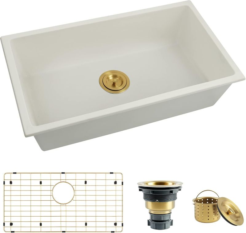 Photo 1 of White Kitchen Sink 31 X 18 inch,Single Bowl Undermount Sink,White Granite Sink with Gold Sink Grid and Gold Sink Strainer