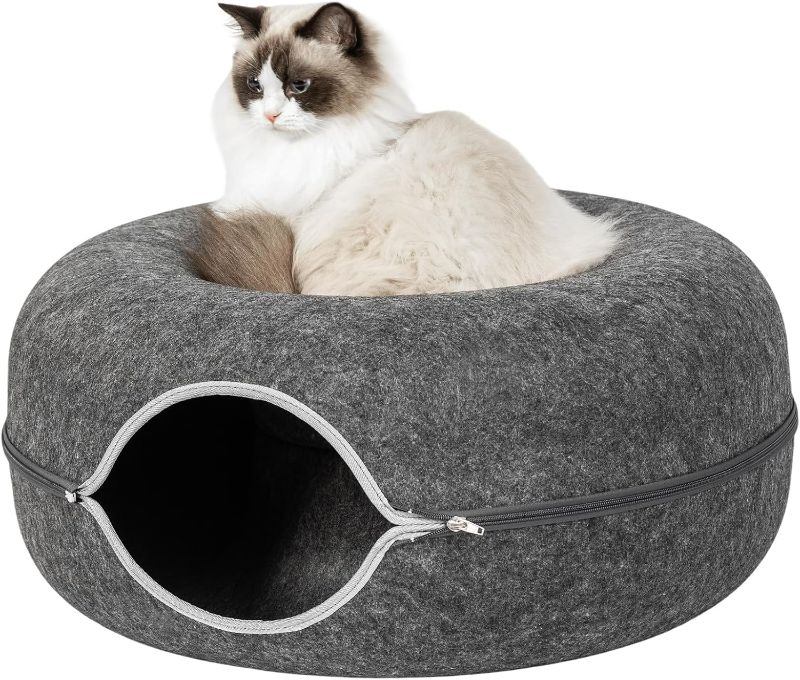 Photo 1 of Adeco Cat Cave Bed, 23.6in Premium Felt Cat Bed for Indoor Cats, Detachable & Washable Cat Tunnel Bed for Large Cats Up to 30-45 Lbs, Scratch Resistant Donut Cat House, Dark Grey