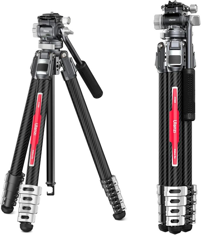 Photo 1 of ULANZI TT09 VideoGo Carbon Fiber Travel Video Tripod, 56" Lightweight Camera Tripod with Arca-swiss Quick Release 1/4" Screw & Video Head, for Most Cameras/DSLR/Projector, Weight 3.3lbs,