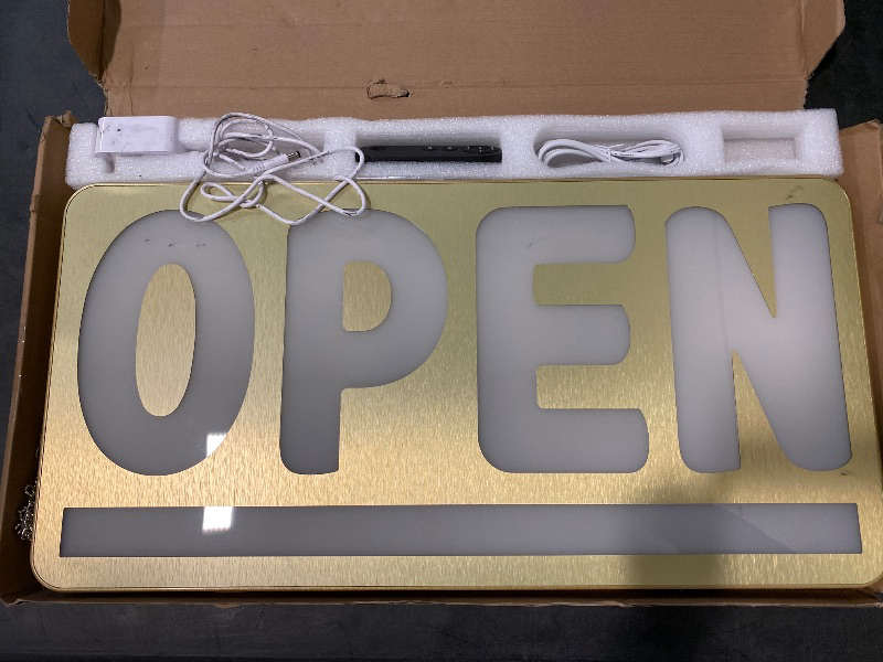 Photo 2 of Open Sign for Business, 24"x12" LED Open Sign with Remote and Hanging Kit, Waterproof Lighted up Bright with Dynamic Light Modes - Gold/Cold White