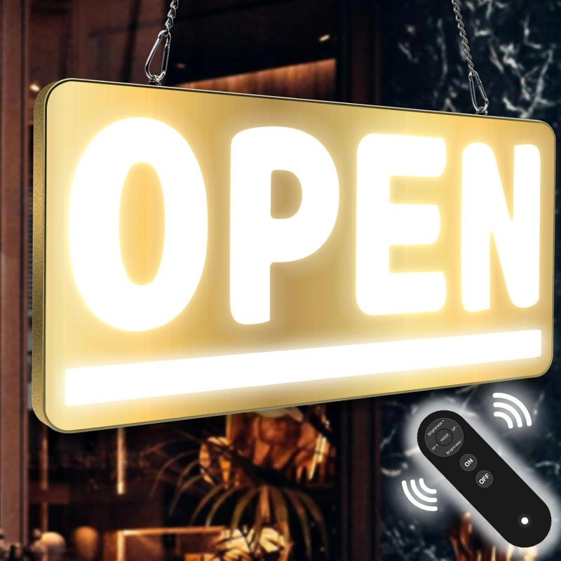 Photo 1 of Open Sign for Business, 24"x12" LED Open Sign with Remote and Hanging Kit, Waterproof Lighted up Bright with Dynamic Light Modes - Gold/Cold White