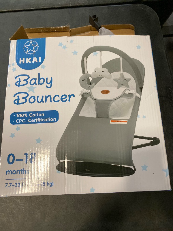 Photo 1 of HKAI Baby Bouncer, Portable Baby Bouncer Seat for Babies 0-18 Months, 100% Cotton Fabrics, 3 Modes of use with Rocker and Stationary Options, Infant Rocker Chair with Hanging Toys-Light Grey