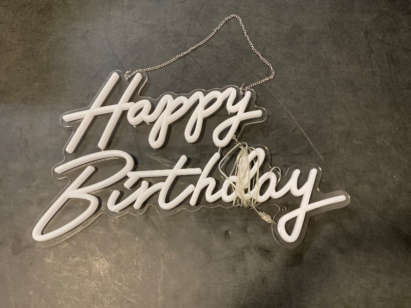 Photo 1 of Happy Birthday Neon Sign for Wall Decor, Warm White LED Neon Light Signs, Art Decoration Happy Birthday Neon Light Sign for All Birthday Party Decoration with 2 Pcs Pasters (17×12 Inch)