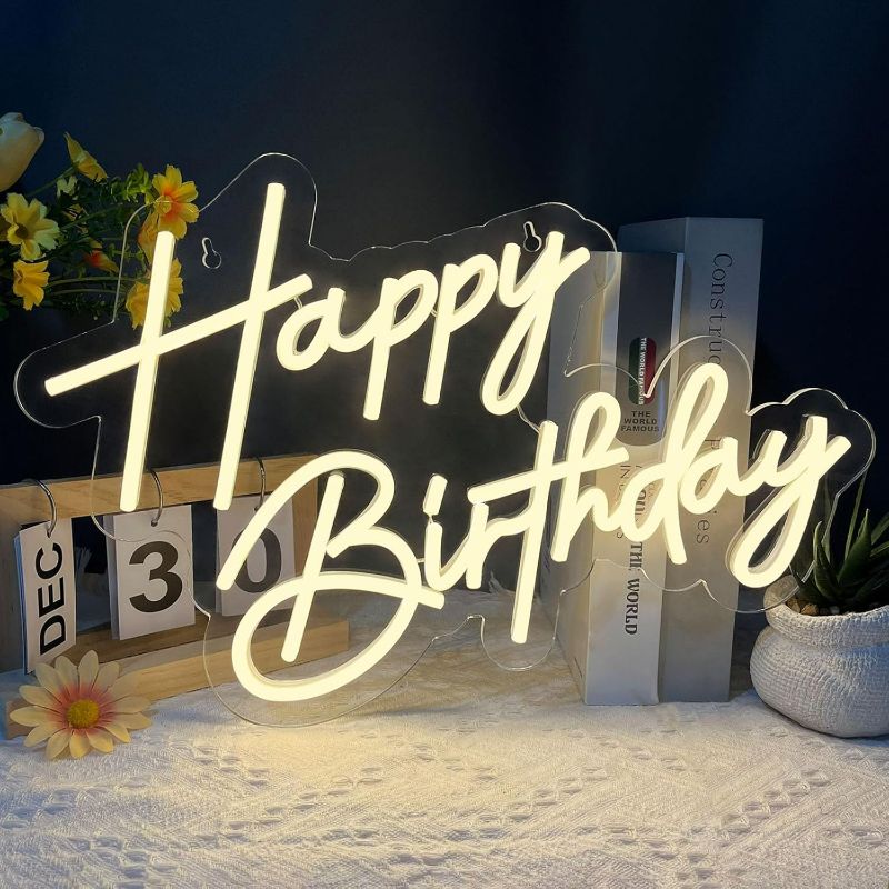 Photo 1 of Happy Birthday Neon Sign for Wall Decor, Warm White LED Neon Light Signs, Art Decoration Happy Birthday Neon Light Sign for All Birthday Party Decoration with 2 Pcs Pasters (17×12 Inch)