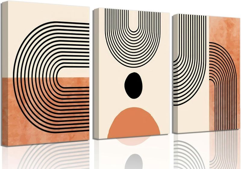 Photo 1 of 3Pcs Minimalist Boho Canvas Wall Art Beige Orange Bohemian Line Wall Decor Pictures Modern Mid Century Posters Prints Abstract Neutral Geometric Paintings for Living Room Bedroom Home Decoration