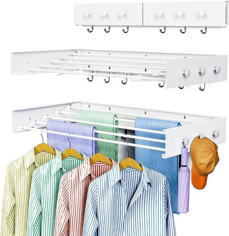 Photo 1 of Drying Rack Clothing,Clothes Drying Rack Wall Mounted,Laundry Drying Rack Wall Mount,Foldable,Collapsible,60 lb Capacity 5 Aluminium Poles with 12 Hooks,Space Saving Clothes Drying Rack,White 31.5"