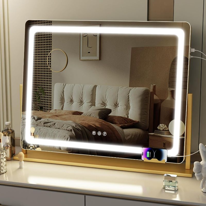 Photo 1 of Makeup Vanity Mirror with USB Charging Port 22.8" x 18.2" Large LED Makeup Mirror, Desk Mirorr with Lights, Light up Mirror with 10X Magnification and, Dimmable 3 Modes, Touch Screen Control