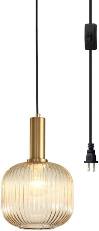 Photo 1 of Mid Century Modern Pendant Light 1-Light Gold Chandelier Ceiling Light Fixtures with Classic Striped Lantern Design, Plug in Hanging Light for Bedroom Living Dining Room Hallway (Amber)