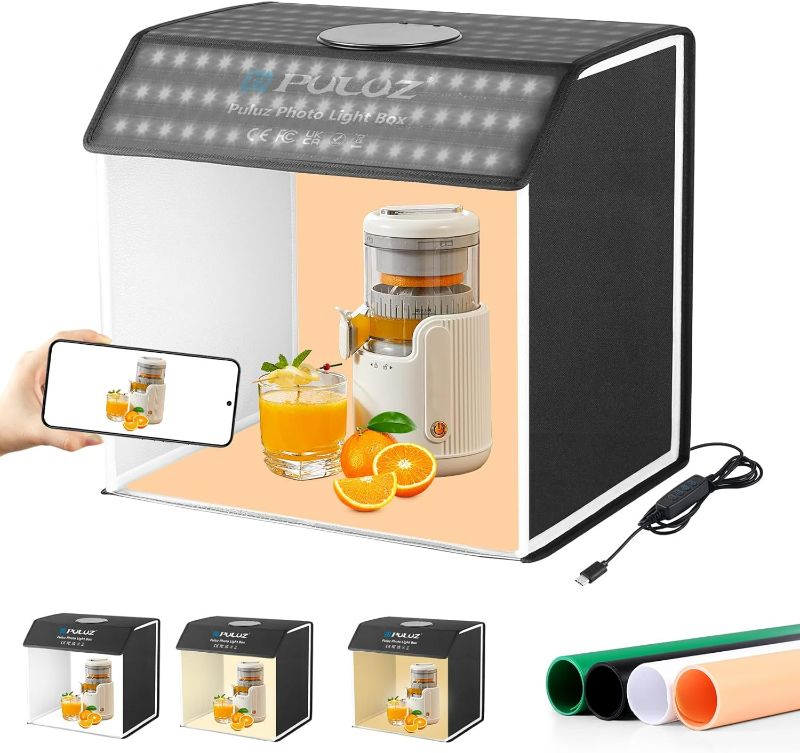 Photo 1 of Light Box Photography, PULUZ 16"x12" Portable Photo Box with 320 LED Beads, Professional Photo Booth Shooting Tent Kit with 4 Color PVC Backdrops for Jewelry and Small Items Product Photography