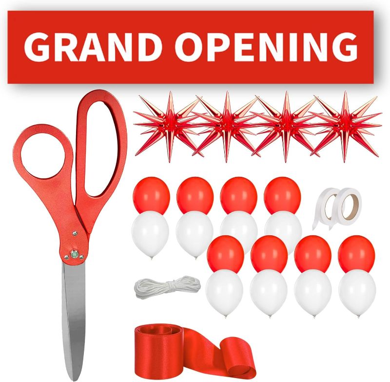 Photo 1 of Grand Opening Ribbon Cutting Ceremony Kit – Giant Scissors 25'' Grand Opening Banner Latex Balloons Satin Ribbon Bow & More for Ideal Inauguration and Ceremony