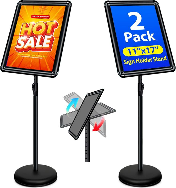 Photo 1 of 2-Pack 11x17 Inch Adjustable Sign Stand & Floor Standing Sign Holder - Pedestal Poster Stand with Vertical & Horizontal View Display for Indoor/Outdoor Business & Store Signage (Black)