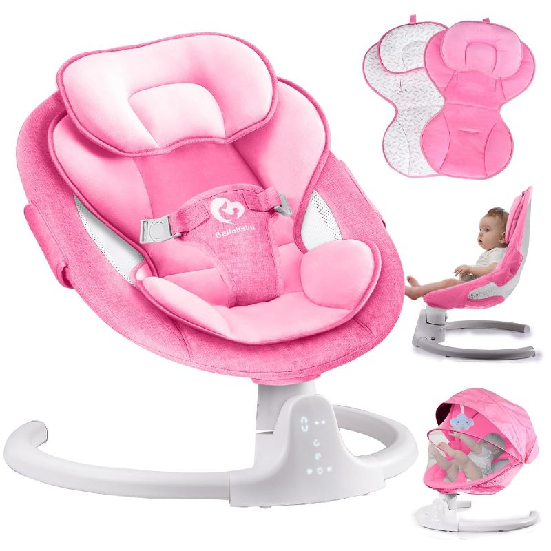 Photo 1 of Bluetooth Baby Swing for Infants, Compact & Portable Pink Baby Girl Rocker, 3 Seat Positions, 5 Swing Speed, 10 Lullabies, Remote Control, USB Plug-in Power, Reversible Cushion for All Seasons