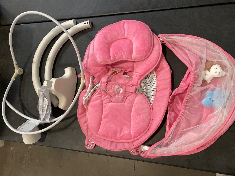 Photo 1 of Bluetooth Baby Swing for Infants, Compact & Portable Pink Baby Girl Rocker, 3 Seat Positions, 5 Swing Speed, 10 Lullabies, Remote Control, USB Plug-in Power, Reversible Cushion for All Seasons