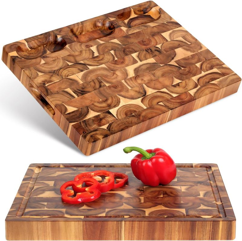 Photo 1 of Cutting Board (17x13x1,5in) End Grain Cutting Board, Acacia Wooden Cutting Board, Butcher Block, Chopping Board - Reversible Multipurpose For Kitchen with Juice Groove, Cracker Holder & Inner Handles.