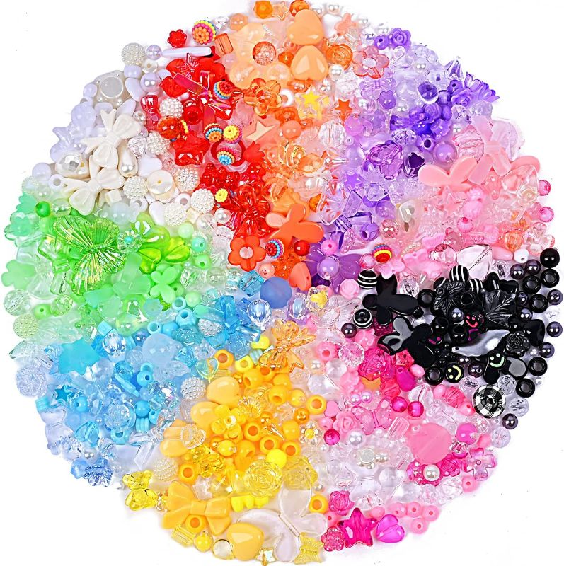 Photo 1 of 500pcs Acrylic Assorted Beads Flower Heart Butterfly Candy Pastel Loose Round Beads Bulk for Bracelets Jewelry Making DIY Plastic Crafts (Multicolor Combination)
