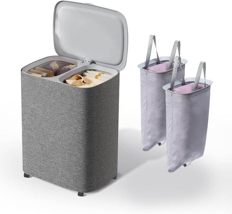 Photo 1 of Laundry Baskets(GREY, 50L Laundry THEVryndlyx Laundry Hamper with Removable Bags: 2-Compartment Wheeled Basket for Parents & Housewives, Heavy-Duty Storage Organizer with Lid