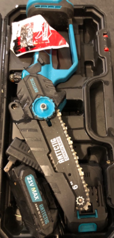 Photo 1 of Mini Chainsaw Cordless, 6 inch Small Electric Chainsaw Battery Powered, Handheld Mini Chain Saw with 2 Batteries&2 Chains, Hand Saws for Branch Wood Cutting Tree Trimming (UPGRADED VERSION), Blue