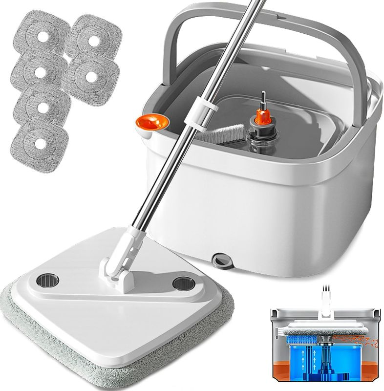 Photo 1 of KZKR Spin Mop and Bucket Set with Self Separation Dirty and Clean Water System Self Wringing 360° Rotating Square Mop Head for Hardwood Tile Marble Floors (Mop Set with 6 Replaceable Microfiber Pad)