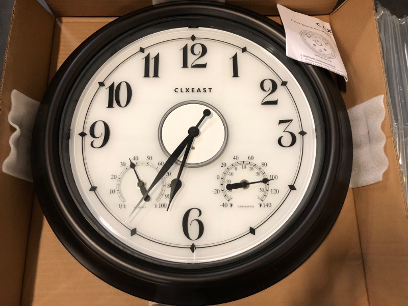Photo 1 of CLXEAST Illuminated Indoor Outdoor Clocks Waterproof 18 inch with Smart Sensor,Large Wall Clock with Thermometer & Hygrometer,Oil Rubbed Bronze Black
