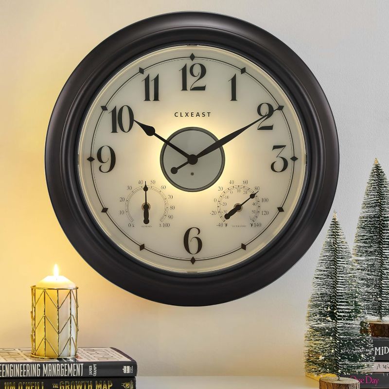 Photo 1 of CLXEAST Illuminated Indoor Outdoor Clocks Waterproof 18 inch with Smart Sensor,Large Wall Clock with Thermometer & Hygrometer,Oil Rubbed Bronze Black