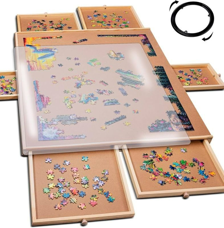 Photo 1 of PlayVibe 1500 Piece Rotating Puzzle Board with Drawers and Cover - Sturdy Jigsaw Puzzle Table with 6 Drawers 26" x 35" - Portable Puzzles Boards with Lazy Susan, Wooden, Spinning Puzzles Accessories