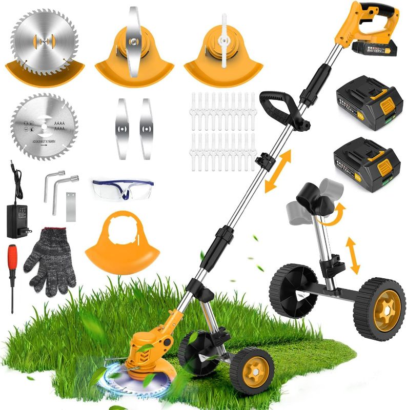 Photo 1 of 20000 RPM Electric Weed Wacker Cordless, 3-in-1 Weed Eater Cordless with Battery Powered, Lawn Mower/Grass Trimmer/Lawn Edger with 3 Types Blades, Battery Weed Wacker with Wheels (2 Battery, Yellow)