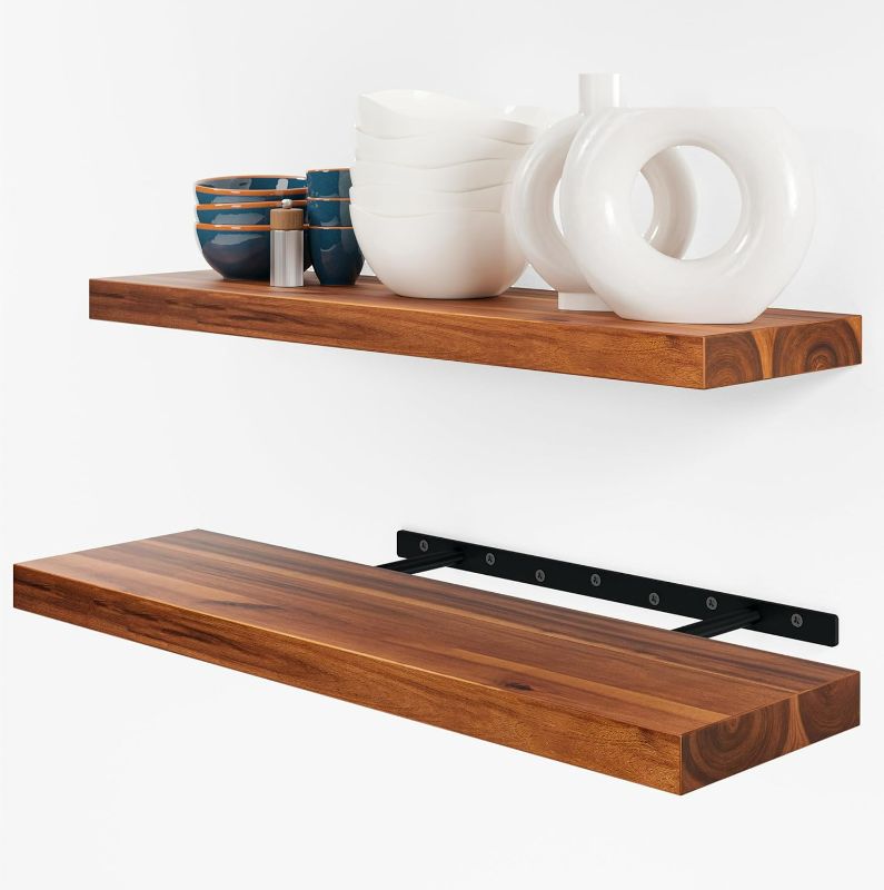 Photo 1 of BATODA Set of 2 24" Acacia Wood Floating Shelves Wall Mounted – Rustic Farmhouse Wooden Wall Storage Shelf for Bedroom, Kitchen, Home Décor - Brackets and Shelving Hardware Included